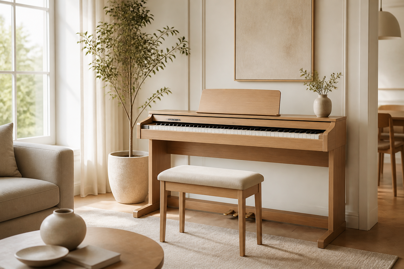 Piano numérique meuble en bois clair dans un salon lumineux