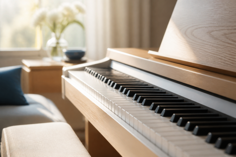 Clavier de piano numérique en gros plan, lumière naturelle