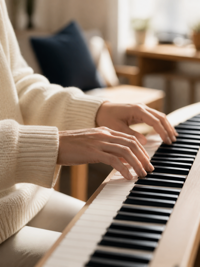 Mains d'un adulte apprenant le piano numérique