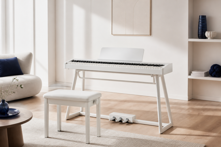 Piano numérique portable blanc sur stand dans un studio clair