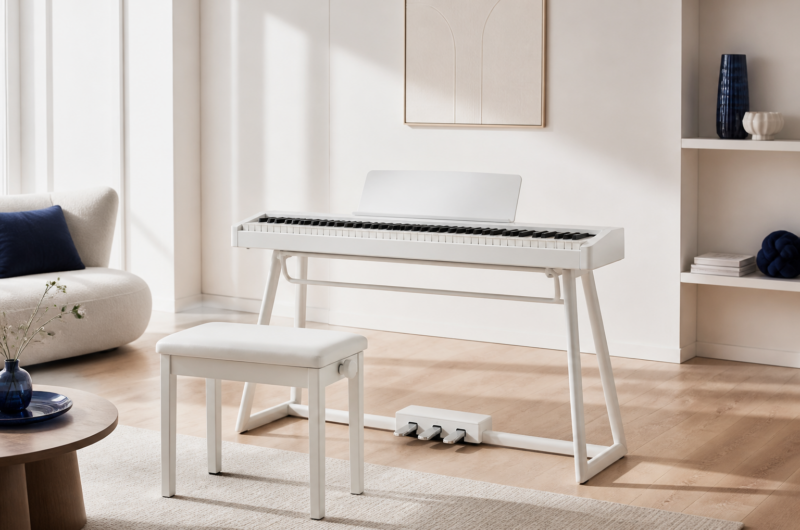 Piano numérique portable blanc sur stand dans un studio clair