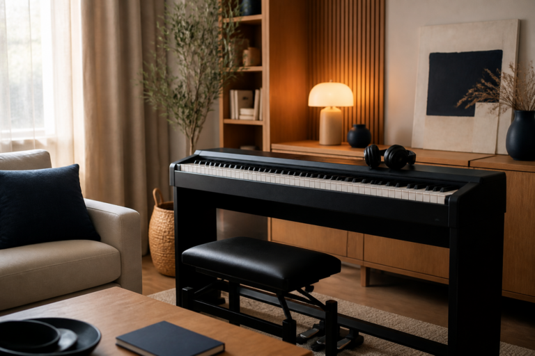Piano numérique noir dans un home studio chaleureux