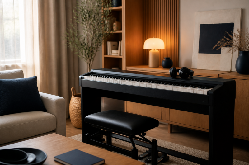 Piano numérique noir dans un home studio chaleureux
