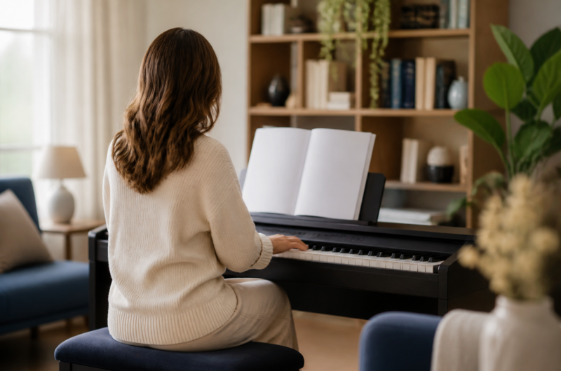 Personne de dos jouant du piano numérique dans un salon