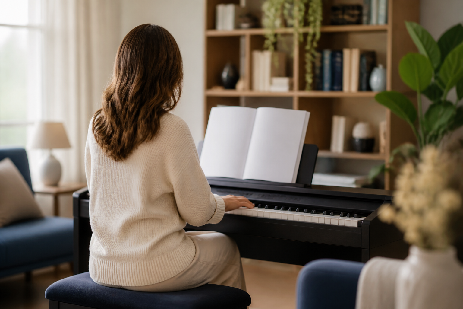 Personne de dos jouant du piano numérique dans un salon
