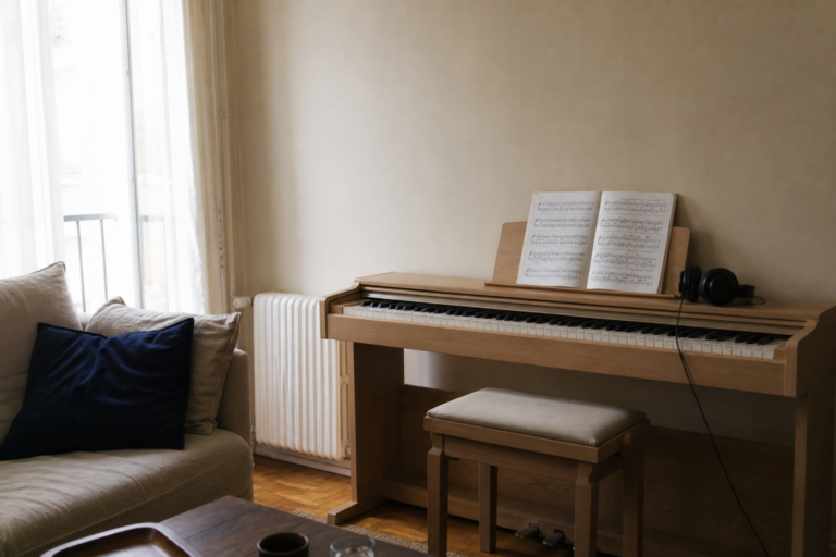 Piano numérique meuble avec partition ouverte et casque posé